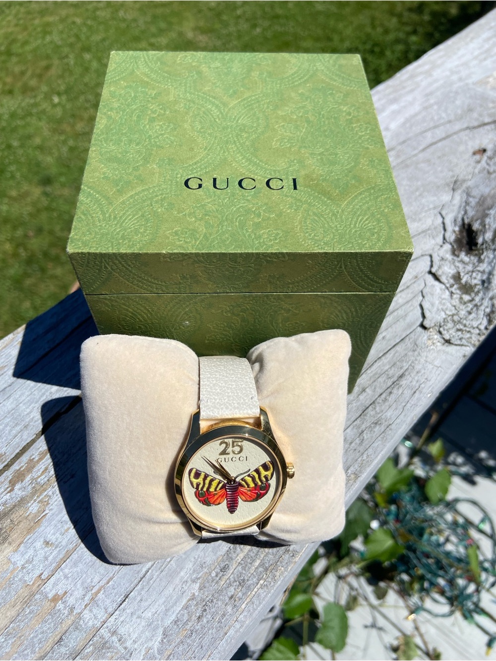 Gucci Gold-Tone Watch with White Strap and Multicolor Butterfly Dial